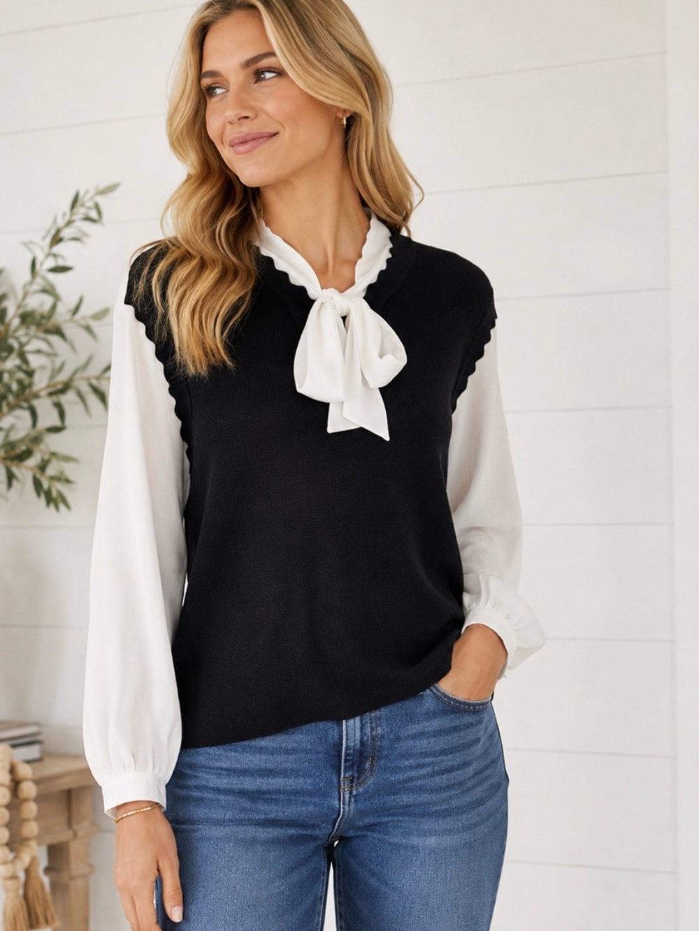 Adrianna Papell XL tie neck long sleeve classic workwear blouse sweater vest